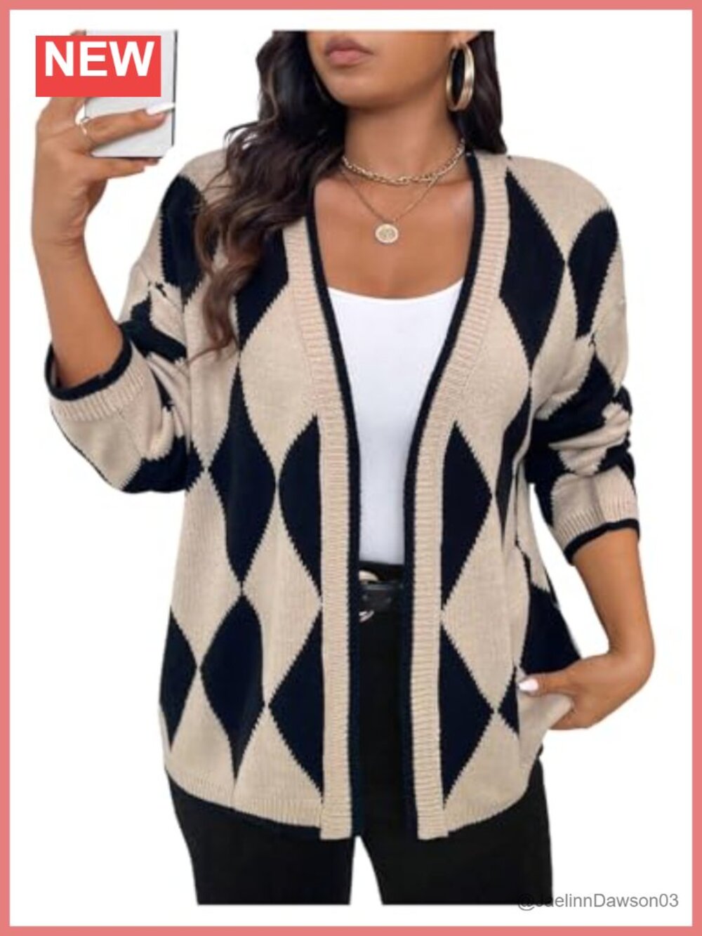 Plus Size Geo Print Open Front Cardigan Drop Shoulder Knit Work Sweater